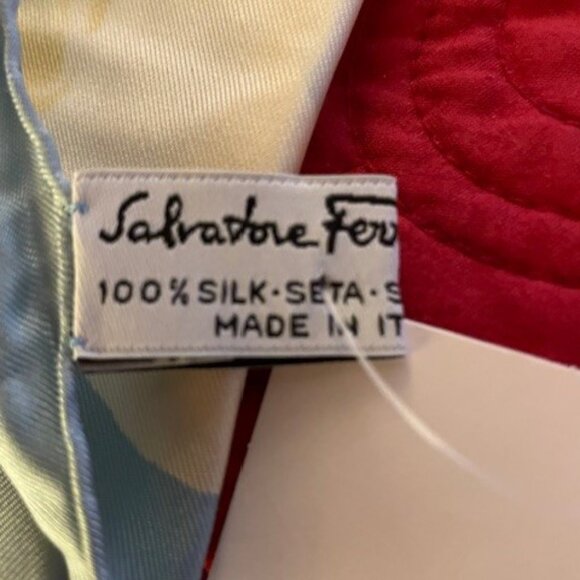 Salvatore Ferragamo Mini Silk Scarf - Blue & Yellow Pansies Print - NWT - Picture 3 of 4